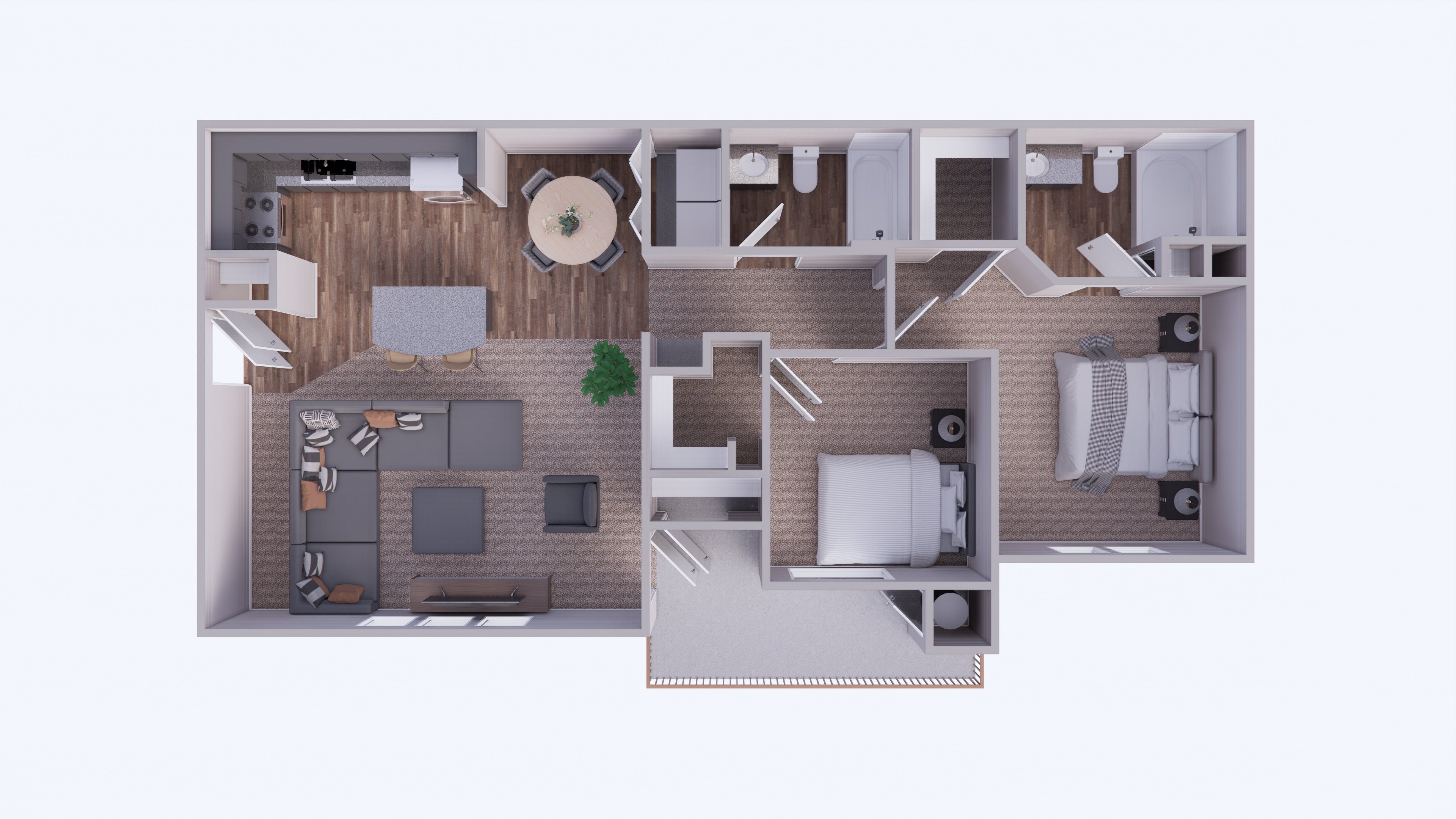 A 3D floor plan of a house with a kitchen, living room, and bathroom.